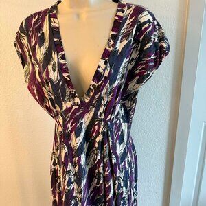 Maria Bonita Extra Feather Print Midi Dress Cotton Pockets Deep V Classic